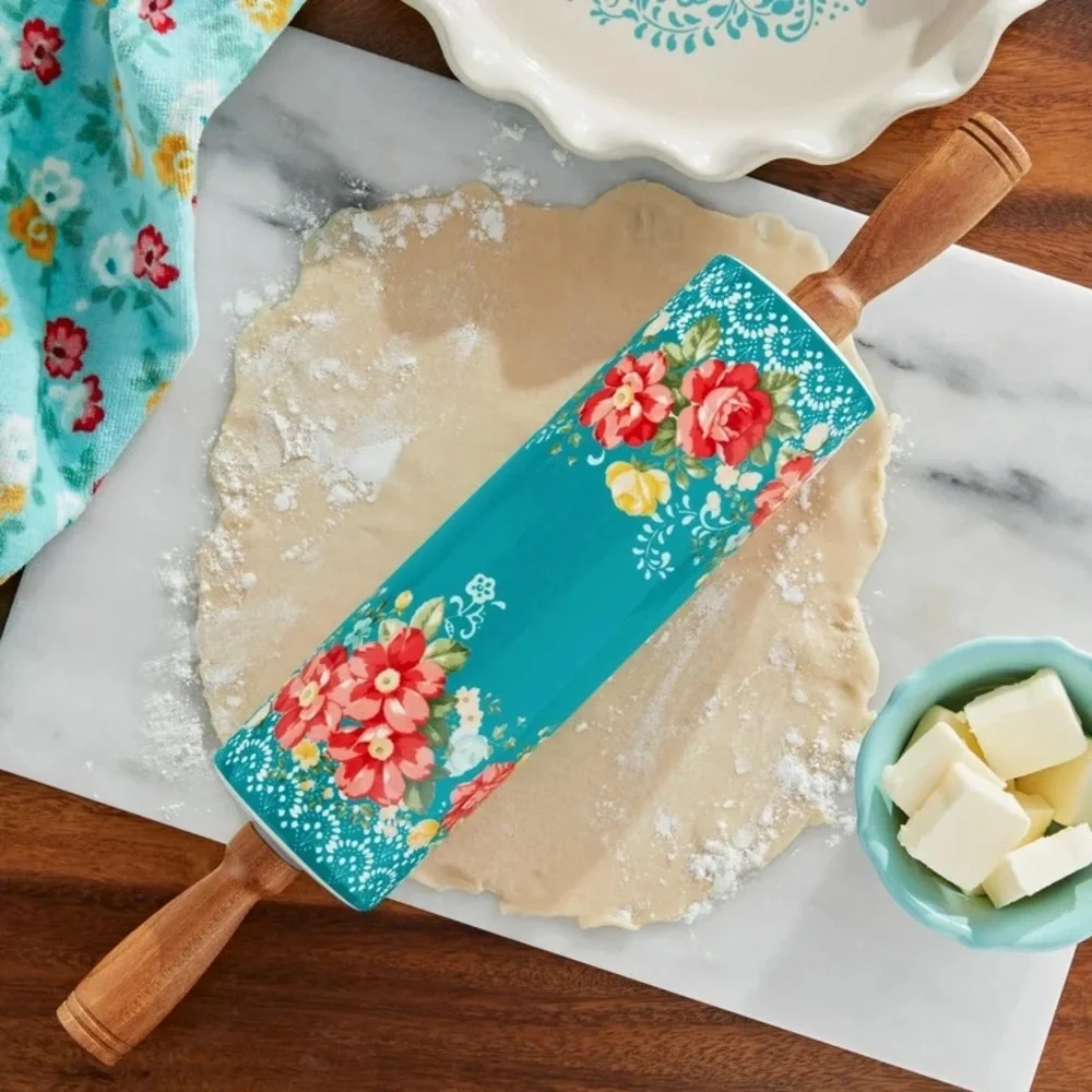 The Pioneer Woman Vintage Floral Ceramic Rolling Pin with Acacia Wood Handles